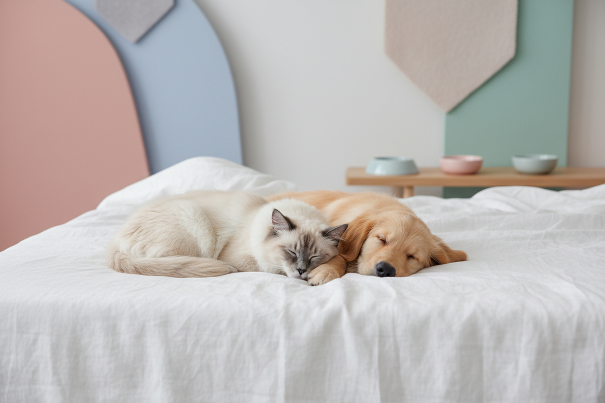 Cat and dog on linen